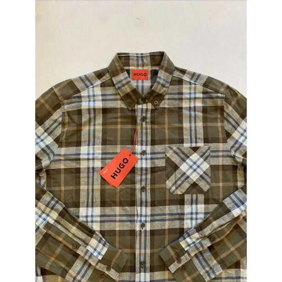 Hugo Boss Men's Brown Plaid Ermann Long Sleeve Button Down Shirt Medium NWT - Picture 4 of 12